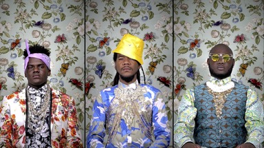 Ebony G. Patterson (Jamaican, born 1981). <em>... three kings weep ...</em>, 2018. Three-channel digital color video installation with sound, 8 minutes 34 seconds Brooklyn Museum, Gift of the Contemporary Art Committee and purchase gift of Carla Chammas and Judi Roaman, 2019.11. © artist or artist's estate (Photo: Brooklyn Museum, 2019.11_view01_SC.jpg)