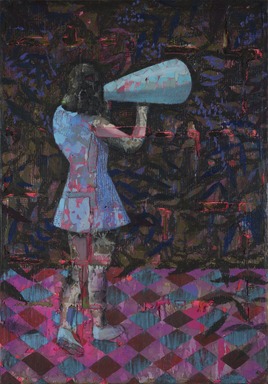 Derek Fordjour (American, born 1974). <em>Blue Horn</em>, 2017. Oil pastel, charcoal, acrylic, cardboard, and carved newspaper, mounted on canvas, 60 × 40 in., 85 lb. (152.4 × 101.6 cm, 38.56kg). Brooklyn Museum, Gift of Tiffany Hott, 2019.31. © artist or artist's estate (Photo: Brooklyn Museum, 2019.31_PS11.jpg)