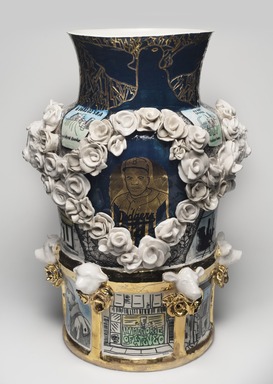 Roberto Lugo (American, born 1981). <em>Brooklyn Century Vase</em>, 2019. Porcelain, china paint, 18 1/4 × 13 × 13 in. (46.4 × 33 × 33 cm). Brooklyn Museum, Purchased in memory of Dr. Barry R. Harwood, Curator of Decorative Arts at the Brooklyn Museum, 1988-2018; H. Randolph Lever Fund, 2019.34. © artist or artist's estate (Photo: , 2019.34_view01_PS11.jpg)