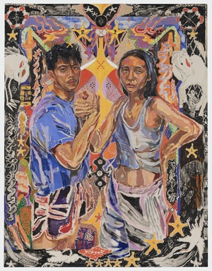 Oscar yi Hou (British, born 1998). <em>The Arm Wrestle of Chip & Spike; aka: Star-Makers</em>, 2020. Oil on canvas, 55 1/2 × 43 in. (141.0 × 109.2 cm). Brooklyn Museum, Purchase gift of Scott Rofey and Olivia Song, 2021.45. © artist or artist's estate (Photo: Brooklyn Museum, 2021.45_PS11.jpg)