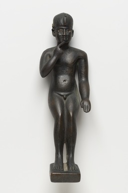  <em>Figure of Seated God Harpokrates</em>, 664-332 B.C.E. Bronze, gold or electrum, with base: 9 9/16 × 3 × 4 in. (24.3 × 7.6 × 10.2 cm). Brooklyn Museum, Bequest of Harold and Mildred Jacobs, 2022.1.3 (Photo: Brooklyn Museum, 2022.1.3_PS11.jpg)