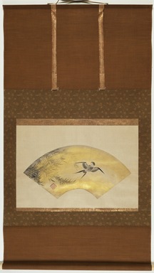 Shikibu Terutada (Japanese, late 15th – 16th century). <em>Swallow and Willow</em>, mid 16th century. Fan mounted as a hanging scroll; ink, pigment and gold on paper, image (fan only): 7 3/4 × 19 11/16 in. (19.7 × 50 cm). Brooklyn Museum, Gift of Rosemarie and Leighton R. Longhi
, 2022.30 (Photo: Brooklyn Museum, 2022.30_PS11.jpg)