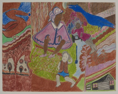 Nellie Mae Rowe (American, 1900 – 1982). <em>Untitled (mother and child)</em>, 1978. mixed media (colored pencil & graphite) on paper, 19 × 24 in. (48.3 × 61 cm). Brooklyn Museum, Gift of The Judith Alexander Foundation, 2022.48.1 (Photo: Brooklyn Museum, 2022.48.1_PS11.jpg)