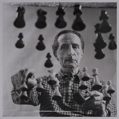 Arnold T. Rosenberg. <em>Marcel Duchamp</em>, 1958. Selenium toned silver gelatin print, image: 12 × 12 in. (30.5 × 30.5 cm). Brooklyn Museum, Gift of Sean and Mary Kelly in honor of the Brooklyn Museum's 200th Anniversary, 2023.11 (Photo: Brooklyn Museum, 2023.11_PS20.jpg)