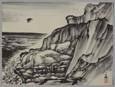 Chiura Obata (American, born Japan, 1885 – 1975). <em>Rocks and Cliff at Shore</em>. Ink on paper, 15 1/2 × 30 3/4 in. (39.4 × 78.1 cm). Brooklyn Museum, Gift of the Estate of Chiura Obata with additional support from the Alfred T. White Fund, 2023.16.12. © artist or artist's estate (Photo: Brooklyn Museum, 2023.16.12_PS11.jpg)