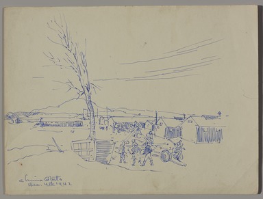 Chiura Obata (American, born Japan, 1885 – 1975). <em>Transplanting Trees from the Mountains to Topaz</em>, December 4, 1942. Blue ink on paper, 8 13/16 x 11 13/16 in. Brooklyn Museum, Gift of the Estate of Chiura Obata, in honor of the Brooklyn Museum's 200th Anniversary, with additional support from the Alfred T. White Fund, 2023.16.13. © artist or artist's estate (Photo: Brooklyn Museum, 2023.16.13_PS11.jpg)