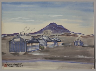 Chiura Obata (American, born Japan, 1885 – 1975). <em>Barracks with Lone Peak</em>, March 5, 1943. Watercolor on paper, 14 1/2 × 19 3/4 in. (36.8 × 50.2 cm). Brooklyn Museum, Gift of the Estate of Chiura Obata, in honor of the Brooklyn Museum's 200th Anniversary, with additional support from the Alfred T. White Fund, 2023.16.1. © artist or artist's estate (Photo: Brooklyn Museum, 2023.16.1_PS11.jpg)