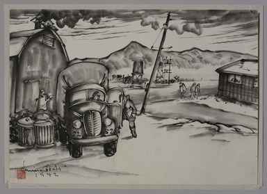 Chiura Obata (American, born Japan, 1885 – 1975). <em>Commissary Truck</em>, 1942. Ink on paper, 13 × 18 in. (33 × 45.7 cm). Brooklyn Museum, Gift of the Estate of Chiura Obata with additional support from the Alfred T. White Fund, 2023.16.3. © artist or artist's estate (Photo: Brooklyn Museum, 2023.16.3_PS11.jpg)