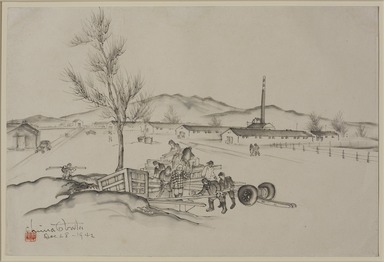 Chiura Obata (American, born Japan, 1885 – 1975). <em>Transplanting Trees from the Mountains to Topaz</em>, December 28, 1942. Ink on paper, 10 1/4 × 15 1/4 in. (26 × 38.7 cm). Brooklyn Museum, Gift of the Estate of Chiura Obata with additional support from the Alfred T. White Fund, 2023.16.5. © artist or artist's estate (Photo: Brooklyn Museum, 2023.16.5_PS11.jpg)