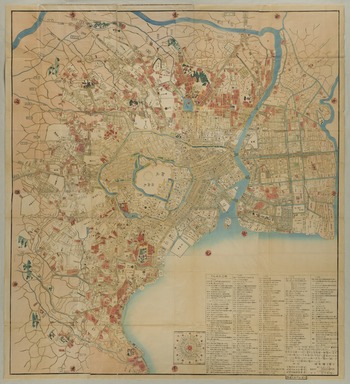 Takai Ranzan (Japanese, 1762–1838). <em>Illustrated Map of Great Edo, Revised in the Ansei Period (Ansei kaisei no Edo o ezu)</em>, 1859. Woodblock print on paper, 52 1/2 × 47 1/2 in. (133.4 × 120.7 cm). Brooklyn Museum, Bequest of Dr. Bertram H. Schaffner, by exchange, 2023.37 (Photo: Brooklyn Museum, 2023.37_PS20.jpg)