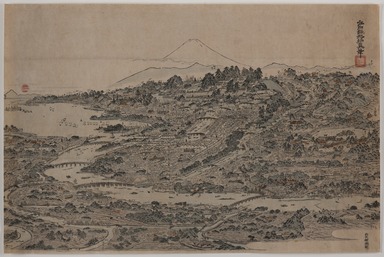 Kitao Masayoshi (Japanese, 1764–1824). <em>Bird's Eye View of Edo</em>, circa 1800–1810. Woodblock print on paper, 14 5/16 × 21 5/8 in. (36.4 × 55 cm). Brooklyn Museum, Bequest of Dr. Bertram H. Schaffner, by exchange, 2023.38 (Photo: Brooklyn Museum, 2023.38_PS20.jpg)