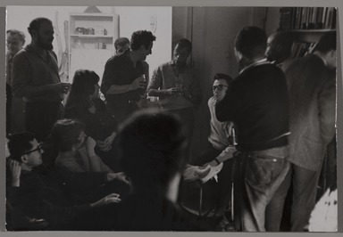 Fred McDarrah (1926–2007, American, b. Brooklyn, NY). <em>Mailer went back to group to discuss the plight of the Beat Generation with Shel Silverstein, Balwin, Robert Cordia, James Baldwin, Howard Hart, Ted Jones and Lester Blackiston, January 3, 1961</em>, 1/23/1961. Gelatin silver print (vintage), sheet: 8 × 10 in. (20.3 × 25.4 cm). Brooklyn Museum, Gift from the Goldman-Sonnenfeldt Family, 2023.69.12. © artist or artist's estate (Photo: Brooklyn Museum, 2023.69.12_PS11.jpg)