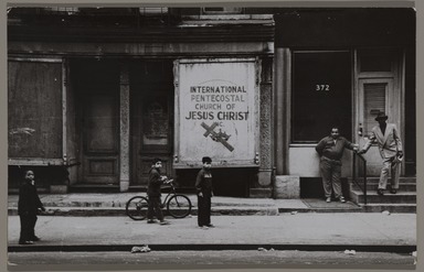 Fred McDarrah (1926–2007, American, b. Brooklyn, NY). <em>Untitled (International Pentecostal Church), from the series "Tenth Street: River to River," New York, New York, April 15, 1960</em>, 4/15/1960. Gelatin silver print (vintage), sheet: 8 × 10 in. (20.3 × 25.4 cm). Brooklyn Museum, Gift from the Goldman-Sonnenfeldt Family, 2023.69.14. © artist or artist's estate (Photo: Brooklyn Museum, 2023.69.14_PS11.jpg)