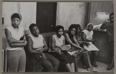 Fred McDarrah (1926–2007, American, b. Brooklyn, NY). <em>Women in Police HQ waiting for their relatives who were jailed, July 14, 1967</em>, 7/14/1967. Gelatin silver print (vintage), sheet: 8 × 10 in. (20.3 × 25.4 cm). Brooklyn Museum, Gift from the Goldman-Sonnenfeldt Family, 2023.69.17. © artist or artist's estate (Photo: Brooklyn Museum, 2023.69.17_PS11.jpg)