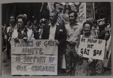 Fred McDarrah (1926–2007, American, b. Brooklyn, NY). <em>Morty Manfred with his parents in Gay Liberation Day Parade,  June 24, 1973</em>, 6/24/1973. Gelatin Silver Print, sheet: 8 × 10 in. (20.3 × 25.4 cm). Brooklyn Museum, Gift from the Goldman-Sonnenfeldt Family, 2023.69.20. © artist or artist's estate (Photo: Brooklyn Museum, 2023.69.20_PS11.jpg)