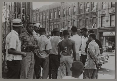 Fred McDarrah (1926–2007, American, b. Brooklyn, NY). <em>Youth Gang in the Ghetto, Sutter & Georgia, East New York, Brooklyn, July 22, 1966</em>, 7/22/1966. Gelatin silver print (vintage), sheet: 8 × 10 in. (20.3 × 25.4 cm). Brooklyn Museum, Gift from the Goldman-Sonnenfeldt Family, 2023.69.29. © artist or artist's estate (Photo: Brooklyn Museum, 2023.69.29_PS11.jpg)