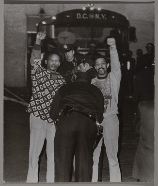 Fred McDarrah (1926–2007, American, b. Brooklyn, NY). <em>Untitled (Arrest of Black Panthers), New York, New York, October 5, 1970</em>, 10/5/1970. Gelatin silver print (vintage), sheet: 8 × 10 in. (20.3 × 25.4 cm). Brooklyn Museum, Gift from the Goldman-Sonnenfeldt Family, 2023.69.32. © artist or artist's estate (Photo: Brooklyn Museum, 2023.69.32_PS11.jpg)