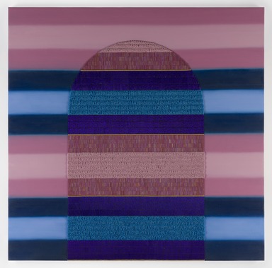 Dyani White Hawk (Sica?gu Lakota, b. 1976). <em>Untitled (Pink and Blue)</em>, 2022. Acrylic, oil, synthetic sinew, 24k gold seed beads, glass bugle beads and vintage glass seed beads on canvas, 47 × 47 1/2 in. (119.4 × 120.7 cm). Brooklyn Museum, Marie Bernice Bitzer Fund, 2023.7. © artist or artist's estate (Photo: Brooklyn Museum, 2023.7_PS20.jpg)