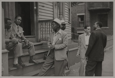 Milt Hinton (born Vicksburg Mississippi, active Chicago, IL, 1910–2000). <em>Dave Rivera, Jonah Jones, Keg Johnson, Panama Francis, unknown, and Sam “The Man” Taylor, Florida</em>, ca. 1951. Gelatin silver print, 11 × 14 in. (27.9 × 35.6 cm). Brooklyn Museum, Gift of David Berger and Holly Maxson, 2023.80.19 (Photo: Brooklyn Museum, 2023.80.19_PS20.jpg)