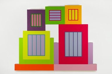 Peter Halley (American, born 1953). <em>Plus One</em>, 2020. Acrylic, fluorescent acrylic, Roll-A-Tex on canvas, 83 × 104 in. (210.8 × 264.2 cm). Brooklyn Museum, Gift of Sasha and Edward P. Bass, in honor of the Brooklyn Museum’s 200th Anniversary, 2024.26. © artist or artist's estate (Photo: Brooklyn Museum, 2024.26_PS22.jpg)