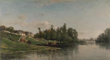 Charles-François Daubigny (1817–1878, Paris, France). <em>River Scene</em>, 1859. Oil on panel, 14 1/4 x 25 3/4 in. (36.2 x 65.4 cm). Brooklyn Museum, Bequest of William H. Herriman, 21.134 (Photo: Brooklyn Museum, 21.134_cropped_PS22.jpg)