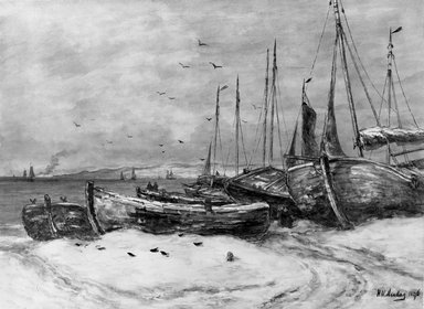 Hendrik Willem Mesdag (Dutch, 1831-1915). <em>Boats on a Beach</em>, 1896. Watercolor on paper, 20 1/4 x 28 in. Brooklyn Museum, Bequest of William H. Herriman, 21.137 (Photo: Brooklyn Museum, 21.137_acetate_bw.jpg)