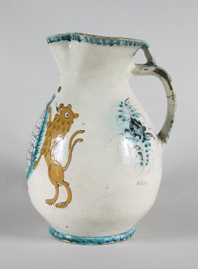  <em>Pitcher Decorated with Medallion Flanked by Two Rampant Lions</em>, ca. 1836. Habanware: Tin glazed earthenware with overglaze, 13 x 8 1/2 in. (33.0 x 21.5 cm). Brooklyn Museum, Museum Expedition 1921, Robert B. Woodward Memorial Fund, 21.443.24704. Creative Commons-BY (Photo: Brooklyn Museum, 21.442.24704_side_PS5.jpg)