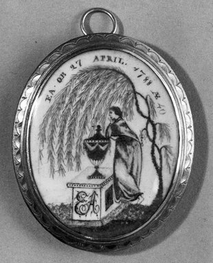 Unknown. <em>Mourning Miniature for "EA,"</em> ca. 1788. Watercolor and human hair on ivory mounted in a brass locket with glass lenses, Image (Recto): 1 5/16 x 1 1/16 in. (3.3 x 2.7 cm). Brooklyn Museum, Bequest of Samuel E. Haslett, 21.474 (Photo: Brooklyn Museum, 21.474_recto_acetate_bw_SL1.jpg)