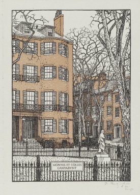 Rudolph Ruzicka (American, born Bohemia, 1883-1978). <em>Louisburg Square, Boston</em>, ca. 1917. Wood engraving, sheet: 10 1/16 x 7 1/2 in. (25.6 x 19 cm). Brooklyn Museum, Museum Collection Fund, 21.506 (Photo: Brooklyn Museum, 21.506_PS2.jpg)