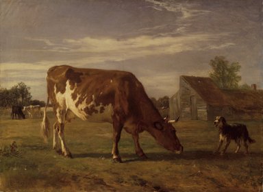 Constant Troyon (Sèvres, France, 1810–1865, Paris, France). <em>Cow in an Enclosure; A Dog Barking at Her (Vache paissant dans un enclos; un chien aboie après elle)</em>, ca. 1852-1863. Oil on pre-primed canvas, 28 1/4 x 35 1/4 in. (71.8 x 89.5 cm). Brooklyn Museum, Bequest of William H. Herriman, 21.61 (Photo: Brooklyn Museum, 21.61.jpg)