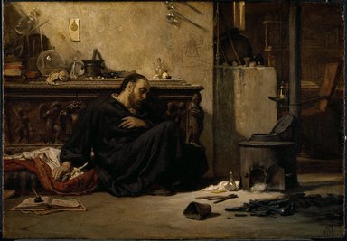 Elihu Vedder (American, 1836–1923). <em>The Dead Alchemist</em>, 1868. Oil on panel, 14 7/16 x 20 1/16 in. (36.6 x 51 cm). Brooklyn Museum, Bequest of William H. Herriman, 21.78 (Photo: Brooklyn Museum, 21.78_SL3.jpg)