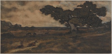 Antoine-Louis Barye (French, 1795-1875). <em>Bucks Near a Tree (Daims auprès d'un arbre)</em>, n.d. Watercolor on cream-colored laid paper, 6 7/8 x 14 1/16 in.  (17.5 x 35.7 cm). Brooklyn Museum, Bequest of William H. Herriman, 21.88 (Photo: , 21.88_PS9.jpg)