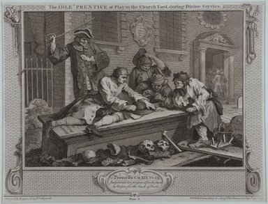 William Hogarth (British, 1697-1764). <em>The Idle Prentice at Play in the Church Yard During Divine Service</em>, 1747. Engraving on laid paper, 10 3/8 x 13 3/4 in. (26.4 x 35 cm). Brooklyn Museum, Bequest of Samuel E. Haslett, 22.1195 (Photo: Brooklyn Museum, 22.1195_view1_PS12.jpg)