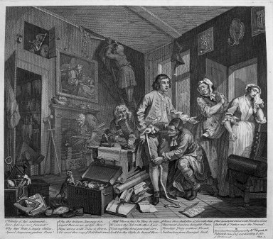 William Hogarth (British, 1697-1764). <em>He Takes Possession from "The Rake's Progress,"</em> 1735. Engraving on heavy laid paper, 14 x 16 7/16 in. (35.5 x 41.8 cm). Brooklyn Museum, Bequest of Samuel E. Haslett, 22.1838 (Photo: Brooklyn Museum, 22.1838_acetate_bw.jpg)