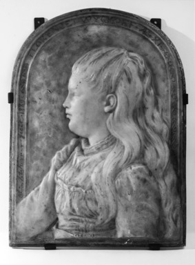 Olin Levi Warner (American, 1844-1896). <em>Florence Wyckoff</em>, 1889. Marble with gilding, 18 x 13 x 1 1/2 in. (45.7 x 33 x 3.8 cm). Brooklyn Museum, Gift of Mrs. Arthur Whitney, 22.1968. Creative Commons-BY (Photo: Brooklyn Museum, 22.1968_bw.jpg)