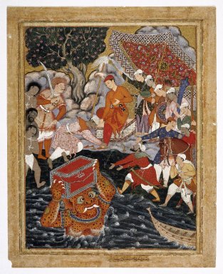 Indian. <em>Arghan Div Brings the Chest of Armor to Hamza</em>, 1562–1577. Opaque watercolor and gold on cotton, sheet: 31 1/8 x 24 15/16 in.  (79.1 x 63.3 cm). Brooklyn Museum, Museum Collection Fund, 24.47 (Photo: Brooklyn Museum, 24.47_front_IMLS_SL2.jpg)