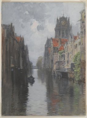 Francis Hopkinson Smith (American, 1838-1915). <em>Behind the Groote Kirk, Dordrecht</em>, ca. 1880s. Watercolor over charcoal on paperboard, 27 5/8 x 20 5/8 in. (70.2 x 52.4 cm). Brooklyn Museum, Gift of Mrs. F. Edwin Buchanaan, 24.75 (Photo: Brooklyn Museum, 24.75_PS2.jpg)