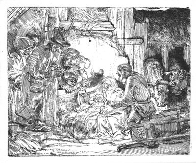 Rembrandt Harmensz. van Rijn (Dutch, 1606-1669). <em>The Adoration of the Shepherds: With the Lamp</em>, ca. 1654. Etching on laid paper, Plate: 4 1/8 x 5 1/16 in. (10.5 x 12.9 cm). Brooklyn Museum, Gift of Mrs. Frederic B. Pratt, 25.117 (Photo: Brooklyn Museum, 25.117_bw_SL4.jpg)