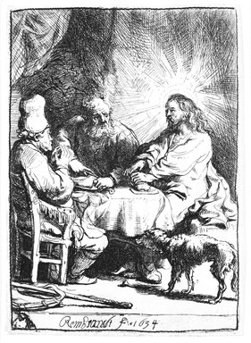 Rembrandt Harmensz. van Rijn (Dutch, 1606-1669). <em>Christ at Emmaus: The Smaller Plate</em>, 1634. Etching and drypoint on laid paper, Plate: 4 1/8 x 3 in. (10.5 x 7.6 cm). Brooklyn Museum, Gift of Mrs. Frederic B. Pratt, 25.119 (Photo: Brooklyn Museum, 25.119_bw_SL4.jpg)