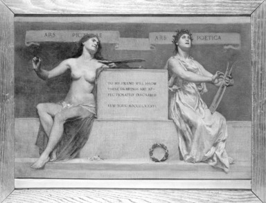 Kenyon Cox (American, 1856-1919). <em>The Blessed Damozel: Dedication</em>, 1886. Oil, grisaille on canvas, 18 1/16 x 24 1/16in. (45.9 x 61.1cm). Brooklyn Museum, Gift of Mrs. Daniel Chauncey, 25.840b (Photo: Brooklyn Museum, 25.840b_framed_bw.jpg)