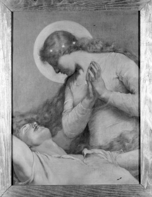 Kenyon Cox (American, 1856-1919). <em>The Blessed Damozel: "Surely She Leaned O'er Me,"</em> 1886. Oil, grisaille on canvas, 24 1/8 x 18 1/8in. (61.3 x 46cm). Brooklyn Museum, Gift of Mrs. Daniel Chauncey, 25.840i (Photo: Brooklyn Museum, 25.840i_framed_bw.jpg)