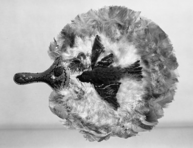 Probably Huron. <em>Fan with Handle</em>, late 19th–early 20th century. Feathers, porcupine quills, bark, bird body, 13 9/16 x 11 1/4 in. (34.4 x 28.6 cm). Brooklyn Museum, Gift of C. T. Dotter, 25.873. Creative Commons-BY (Photo: Brooklyn Museum, 25.873_acetate_bw.jpg)