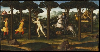 Davide di Tommaso Bigordi, aka Davide Ghirlandaio (Italian, Florentine, 1452-1525). <em>Forest Scene from the Tale of Nastagio degli Onesti, in Boccaccio's "Decameron,"</em> after 1483. Tempera on wood panel, 27 1/2 × 53 in. (69.9 × 134.6 cm). Brooklyn Museum, A. Augustus Healy Fund and Carll H. de Silver Fund, 25.95 (Photo: Brooklyn Museum, 25.95_SL3.jpg)