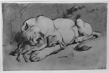 Eugène Delacroix (French, 1798-1863). <em>Lioness Devouring a Rabbit</em>. Pen and ink with reddish wash on paper, 9 x 14 1/8 in. (22.9 x 35.8 cm). Brooklyn Museum, Carll H. de Silver Fund, 26.59 (Photo: Brooklyn Museum, 26.59_acetate_bw.jpg)