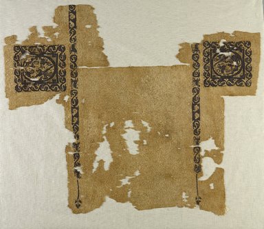 Coptic. <em>Fragmentary Tunic with Square and Band Decoration</em>, late 6th century C.E. Flax, wool, 23 x 26 3/4 in. (58.4 x 67.9 cm). Brooklyn Museum, Gift of the Long Island Historical Society, 26.749. Creative Commons-BY (Photo: Brooklyn Museum, 26.749_PS9.jpg)