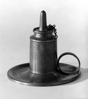 Capen and Molineux. <em>Lamp</em>. Pewter, copper (?), Overall (with cap on): 3 1/4 x 3 1/2 x 3 1/2 in. (8.3 x 8.9 x 8.9 cm). Brooklyn Museum, Gift of Mrs. Samuel Doughty, 27.579. Creative Commons-BY (Photo: Brooklyn Museum, 27.579_bw.jpg)
