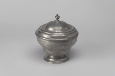 Unknown. <em>Sugar Bowl with Lid</em>, late 19th century. Pewter, 4 7/8 x 4 1/2 x 4 1/2 in. (12.4 x 11.4 x 11.4 cm). Brooklyn Museum, Gift of Mrs. Samuel Doughty, 27.633a-b. Creative Commons-BY (Photo: Brooklyn Museum, 27.633.jpg)