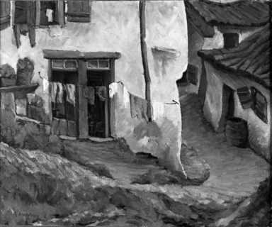 Oscar Gieberich (American, 1886 -after 1943). <em>Fishermen's Houses</em>, ca. 1927. Oil on canvas, 23 3/4 x 28 7/8 in. (60.3 x 73.3 cm). Brooklyn Museum, Museum Collection Fund, 27.736 (Photo: Brooklyn Museum, 27.736_acetate_bw.jpg)