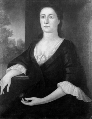 John Greenwood (American, 1727-1792). <em>Portrait of a Lady (possibly Mrs. John Hubbard, née Elizabeth Gooch, later Mrs. John Franklin)</em>, ca. 1748. Oil on canvas, 35 13/16 x 28 1/16 in. (90.9 x 71.3 cm). Brooklyn Museum, Carll H. de Silver Fund and Alfred T. White Fund, 27.946 (Photo: Brooklyn Museum, 27.946_bw.jpg)