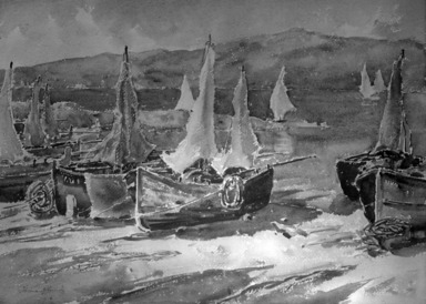 Florence Vincent Robinson (American, 1874–1937). <em>Drying Sails</em>. Watercolor Brooklyn Museum, Gift of Mary Sprague, 28.205 (Photo: Brooklyn Museum, 28.205_glass_bw.jpg)